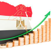Image of the outline of Egypt with the Egyptian flag design and a graph with coins indicating increasing economic growth