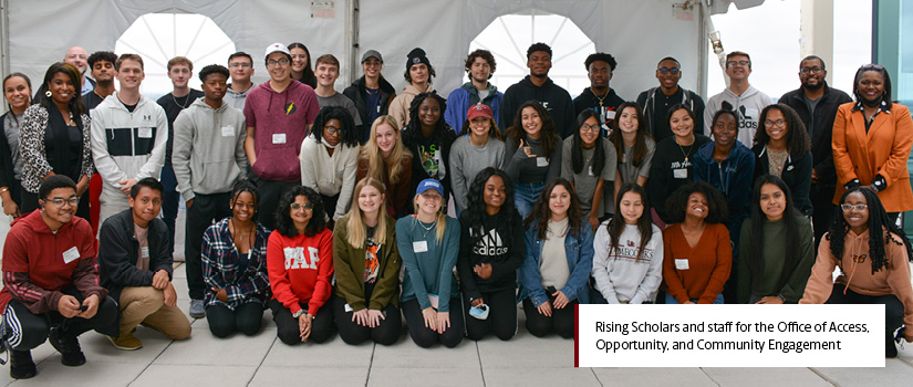 Image of a recent Rising Scholars cohort with Office of Access, Opportunity and Community Engagement staff
