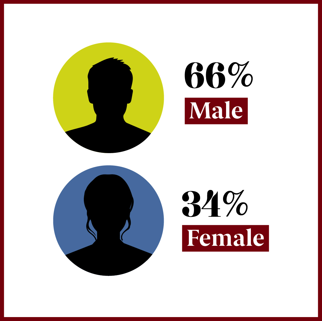 66 percent male; 34 percent female