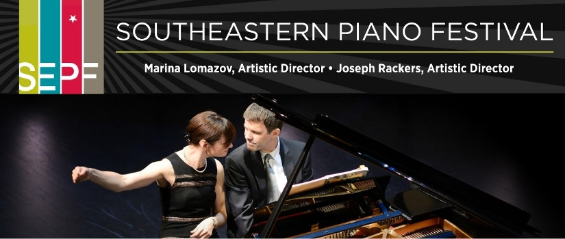 Marina Lomazov and Joseph Rackers at piano with SEPF logo.