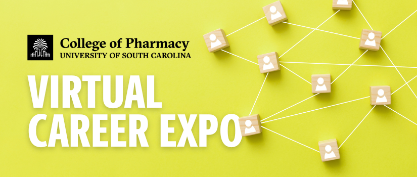 "Virtual Gamecock Pharmacy Career Expo" with COP logo and blocks