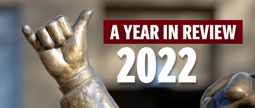 Close-up of Cocky statue with text: "A Year in Review 2022"