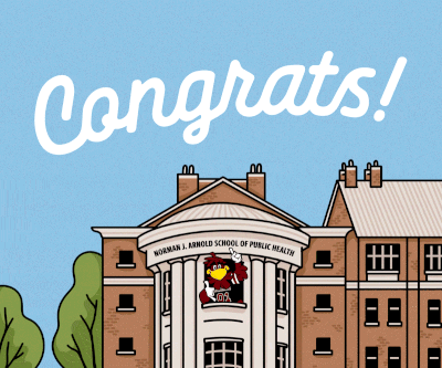 Animated drawing of Cocky in the Arnold School of Public Health building with "Congrats!" written in the sky