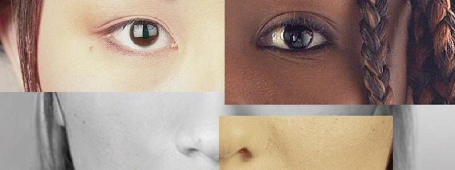 Four faces of people of a different race merged together to form one face and show diversity