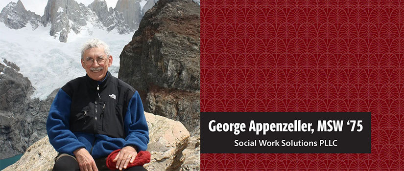 Alum George Appenzeller sits in front of an ice field that is quickly melting due to climate change. 