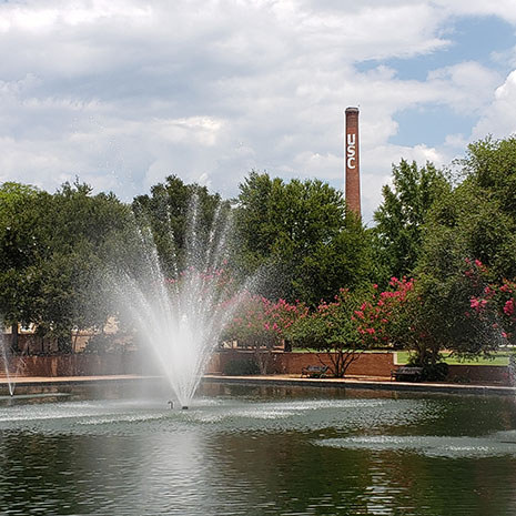 fountain and smoke stack