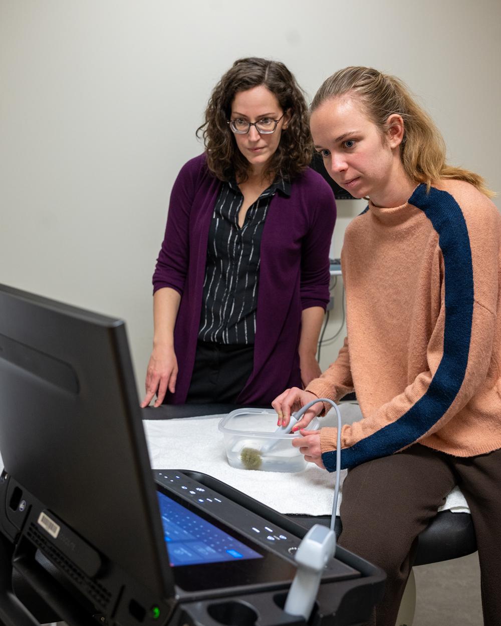 Professor Zarenko and Leah Andrews, M1, test the effectiveness of ultrasound in the field.
