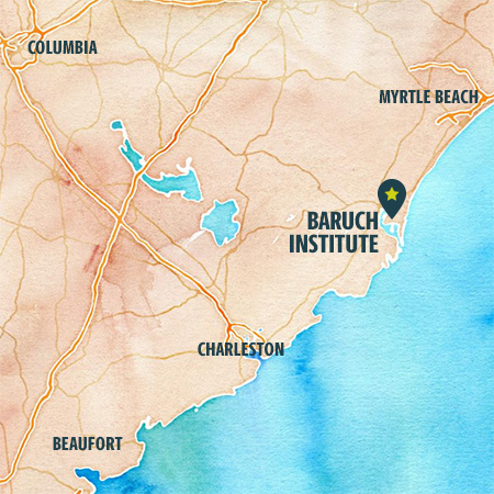 Map of Baruch Institute location between Myrtle Beach and Charleston, South Carolina
