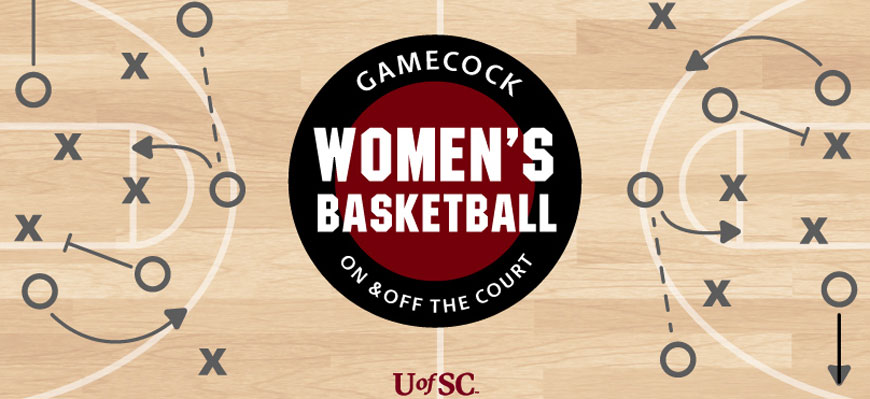 rendering of a basketball court with the words Gamecock women's basketball on and off the court