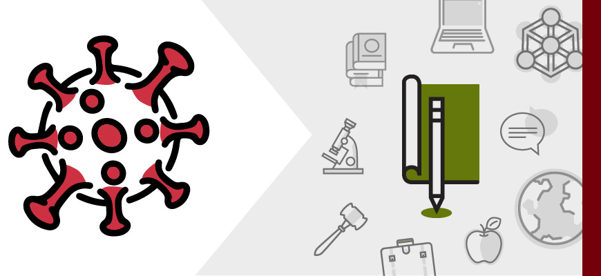 graphic depiction of the conoravirus molecule and various icons with paper and pencil icon highlighted representing education
