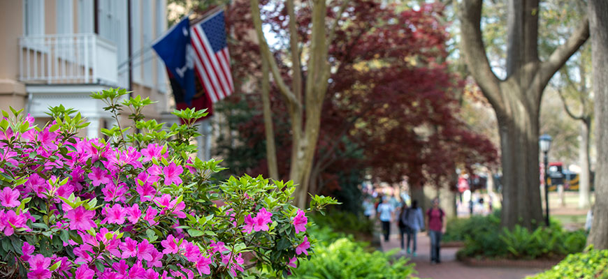 Flowers bloom outside the President's house on the Horseshoe, where the American flag and the South Carolina flag fly.