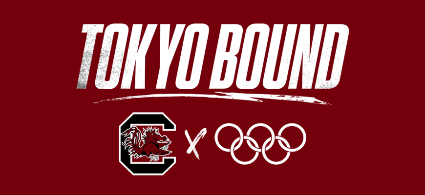 A stylized "Tokyo Bound" appears above the Gamecock Block C logo and the Olympic interlocking rings, all on a garnet background