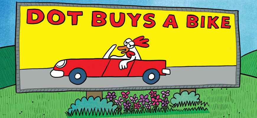 Cartoon drawing of a yellow billboard with a chicken in a red car with blue sky in background and flowers in the foreground.