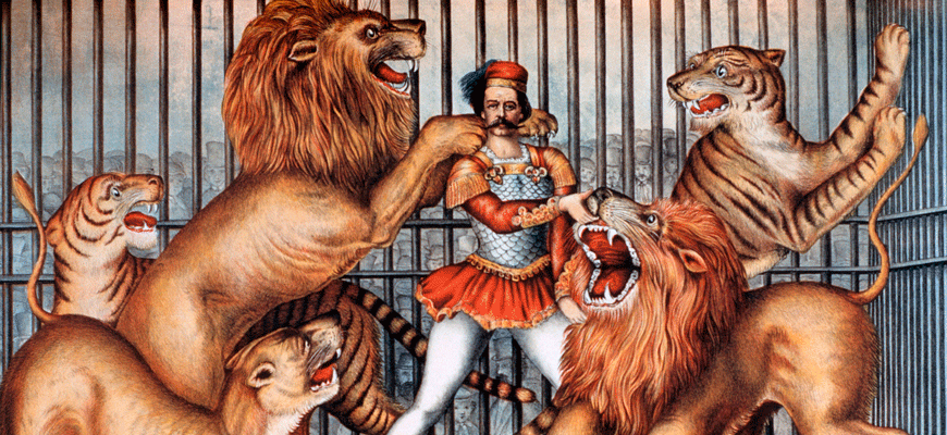 A vintage circus poster shows an illustration of a lion tamer with big cats.