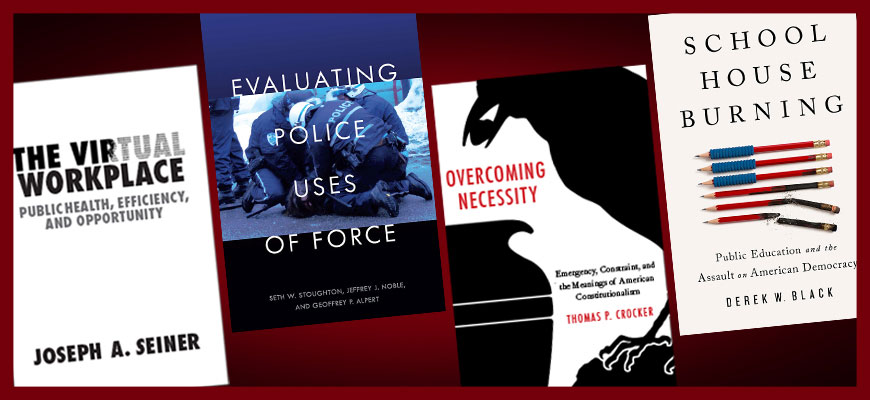  a garnet and blak graphic displaying four covers of books written by U of SC law professors 