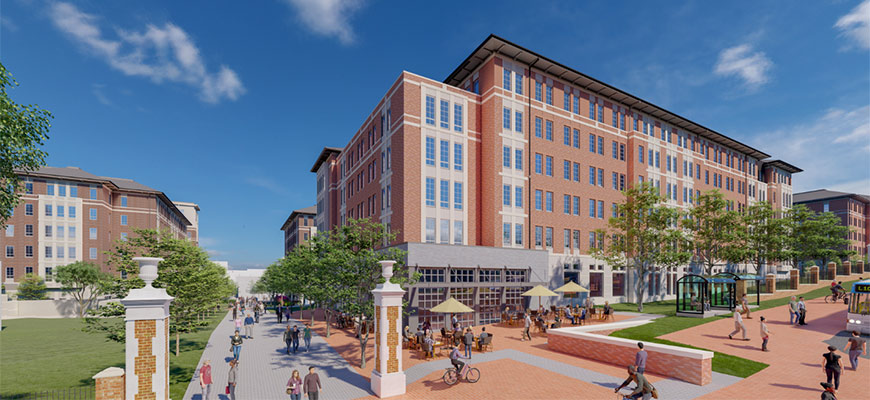 An illustration of a large brick residential building with a ground-level coffee shop surrounded by sidewalks, greenspace and a transit stop. Students walk and ride bikes past the building and sit at tables outside the coffee shop.