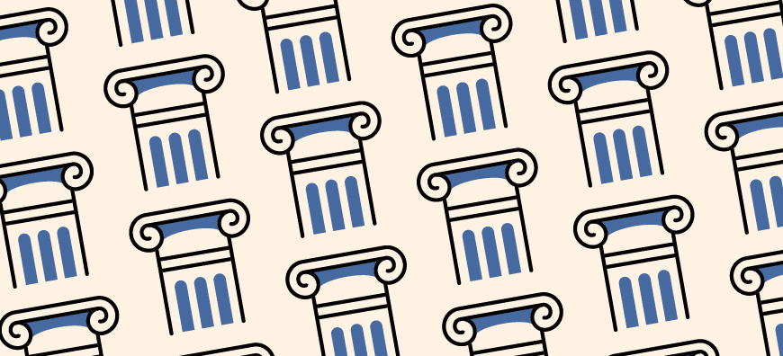 multiple blue and black ionic columns on tan background