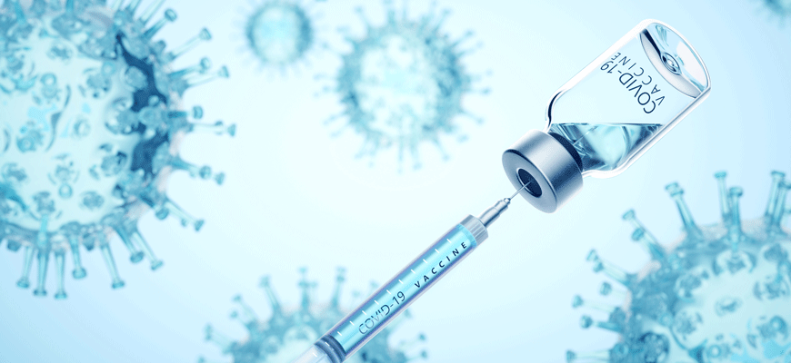 Digital generated image of syringe filling of COVID-19 vaccine from bottle against viruses on blue background