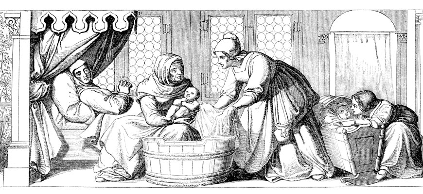 Black and white illustration of a midwife bathing a newborn after birth in medieval times