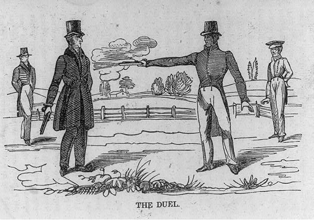 drawing depicting a pistol duel between two men with two other men watching in the background