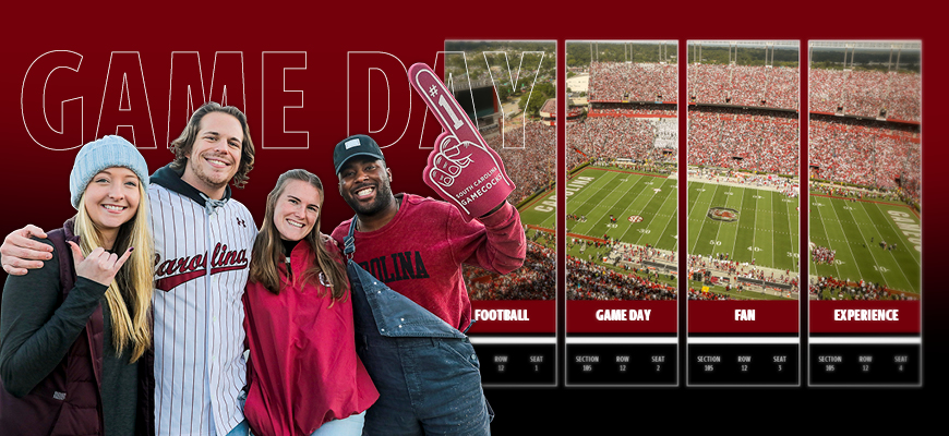 graphic with four gamecock fans in the foreground with the words Game Day on the background and an image of williams brice football stadium