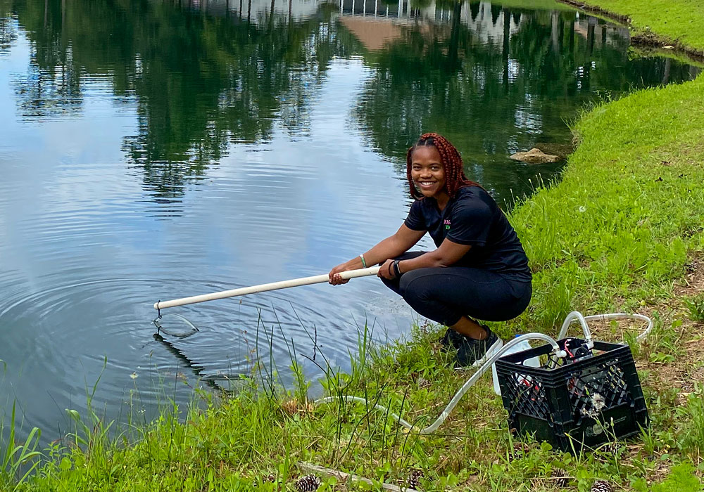 Gwen Hopper reaches into a pond with a net on a long pole