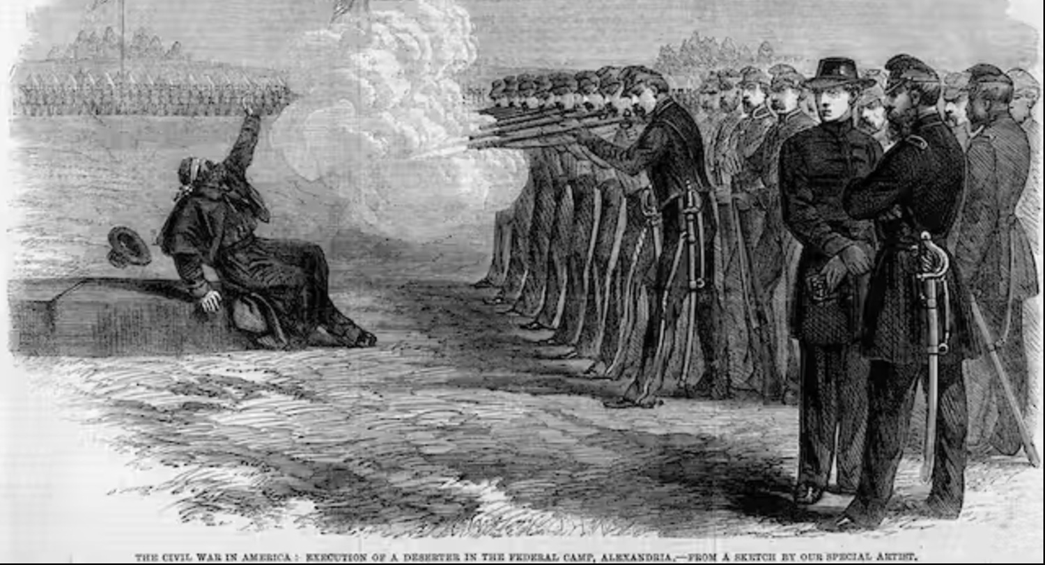 A historical drawing of a man being executed by firing squad