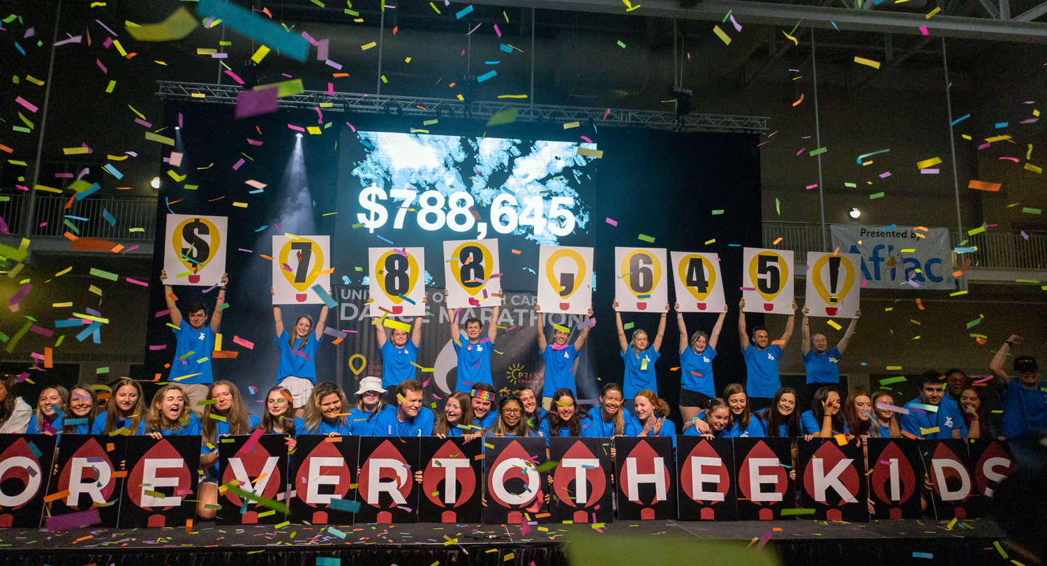 students hold up signs to reveal fundraising for dance marathon signs spell out $788,645! and Forever to thee kids