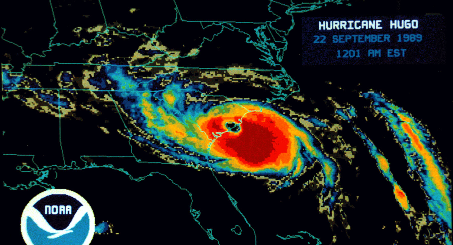 a radar image of hurricane hugo making landfall in SC in 1989