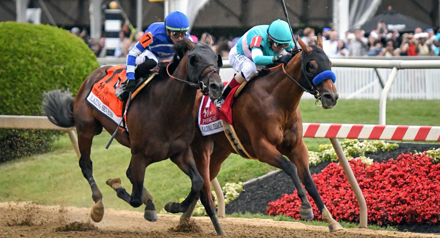 Two horses racing along the rail