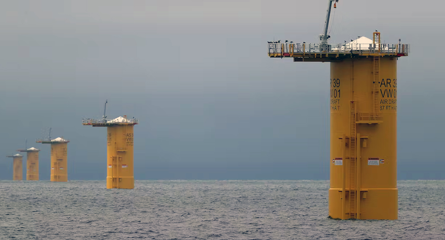 A row of monopiles that will be the base for offshore wind turbines, in the Atlantic Ocean off the coast of Martha’s Vineyard, Mass.