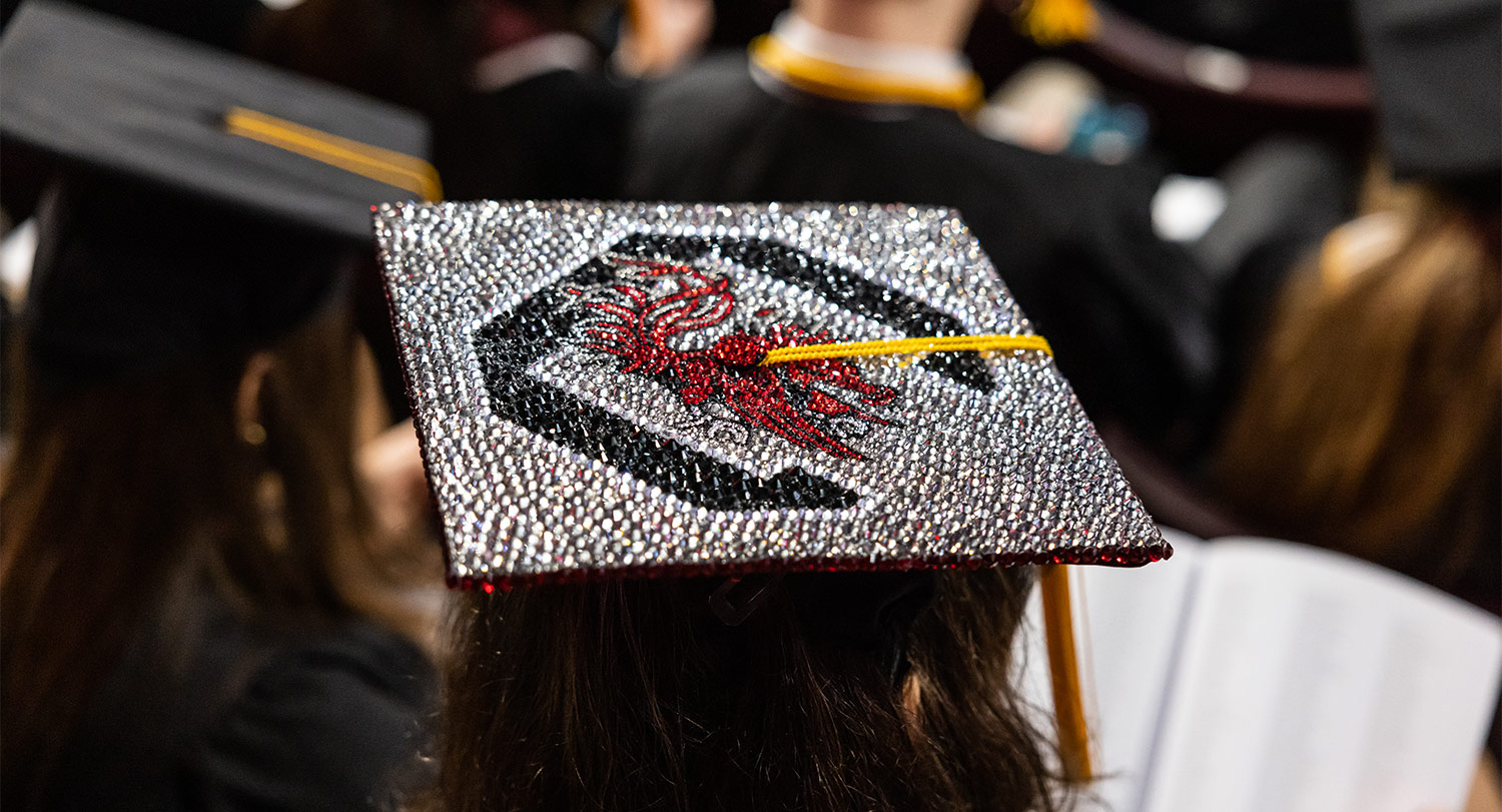 Graduation cap decorated with a Block C.