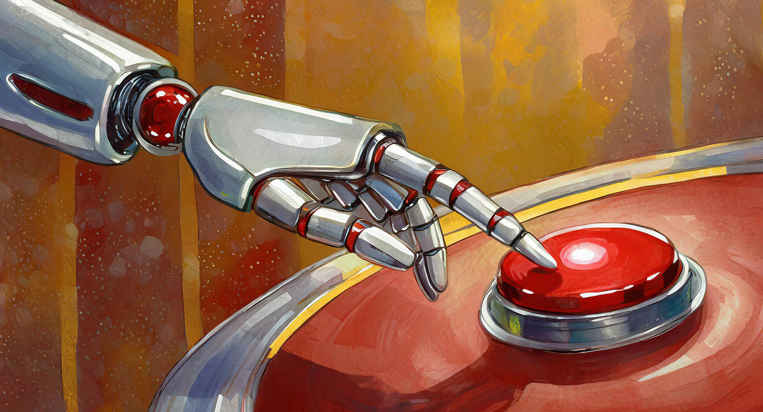 A robot hand pushes a red button.