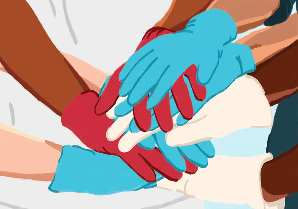 Illustration of nurses' gloved hands piled on top of one another.