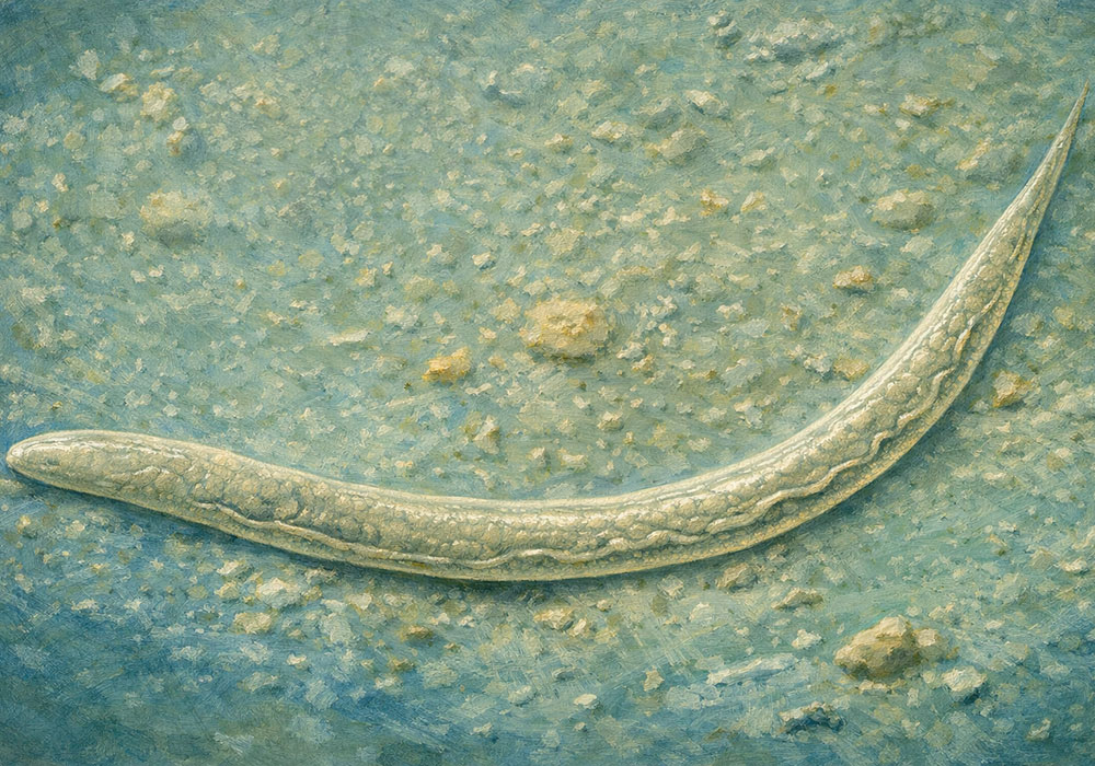 An illustrated version of a parasitic worm under a microscope.