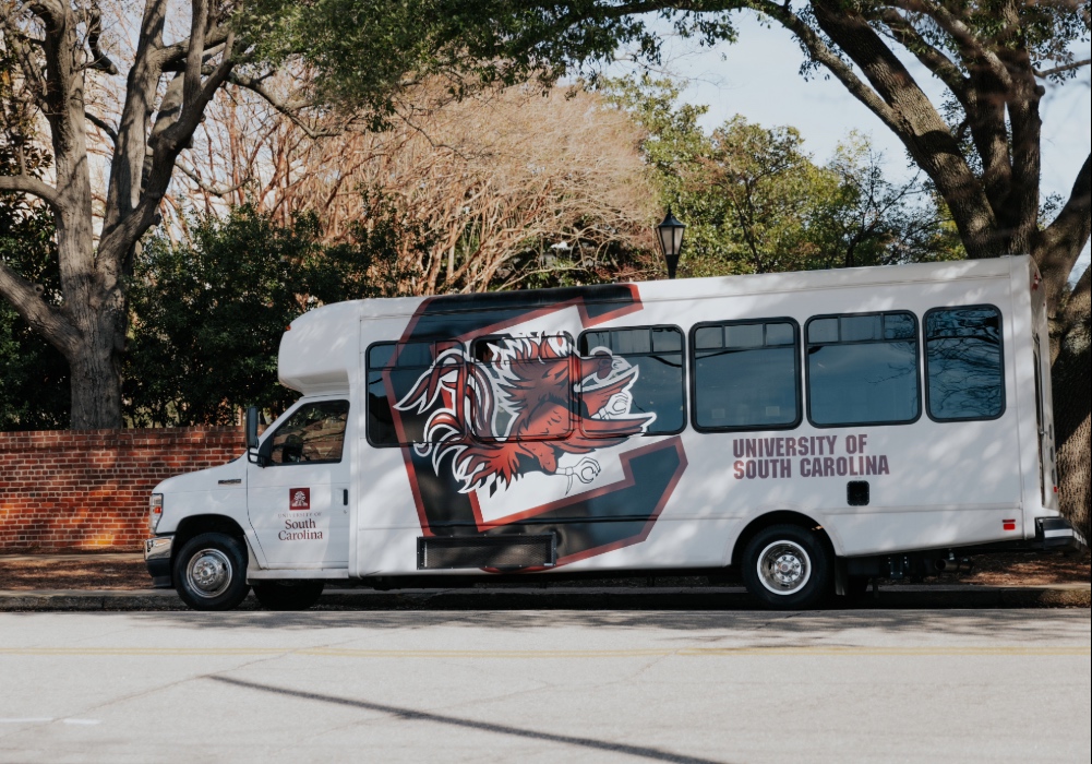 USC Transit bus at a stop.