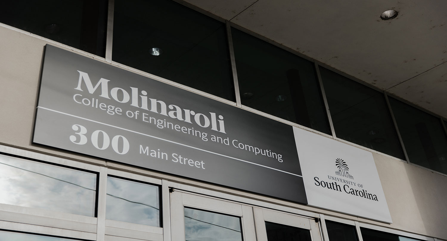 Signage of the Molinaroli College of Engineering and Computing's building at 300 Main
