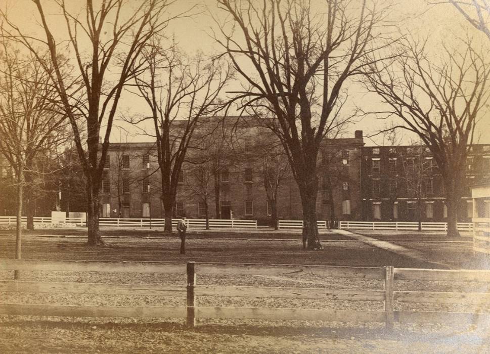 A vintage photo of housing on the USC Horseshoe.