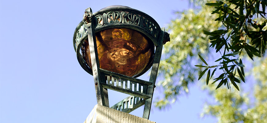 The orb at the top of the Maxcy monument, as shot from below