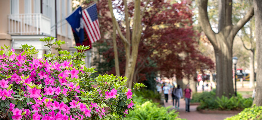 Flowers bloom outside the President's house on the Horseshoe, where the American flag and the South Carolina flag fly.