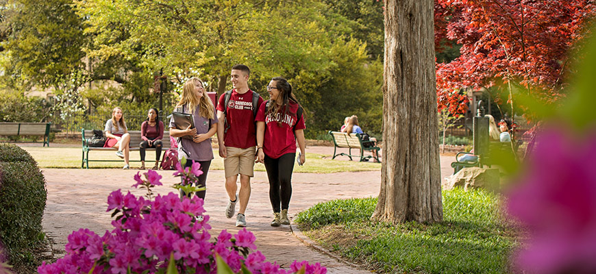 A group of students walking together on campus