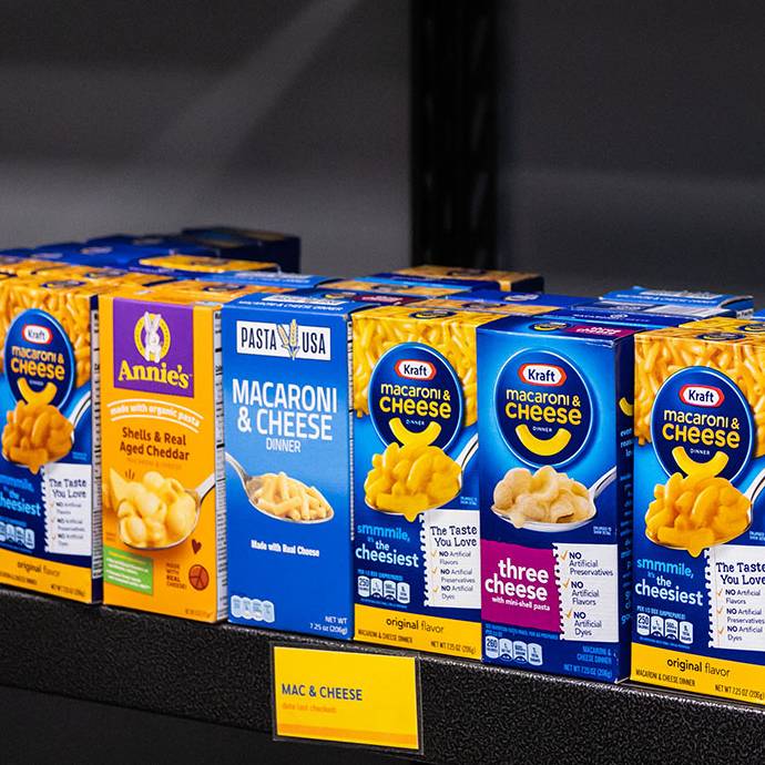Image of mac and cheese boxes on a shelf