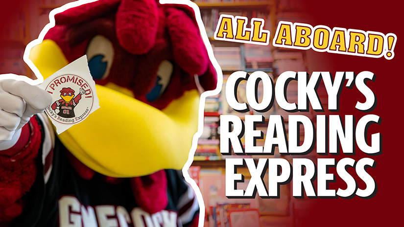Cocky holds up sticker reading, "I promised!" and text reads, "All Aboard! Cocky's Reading Express"