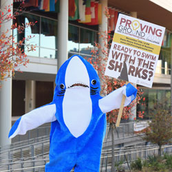 shark mascot holding sign