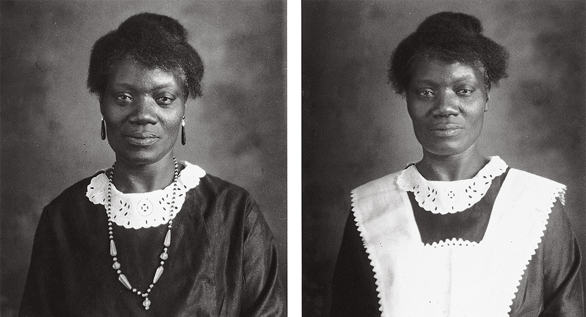 two portrait of the same lady one with a maid's uniform and the other without it 