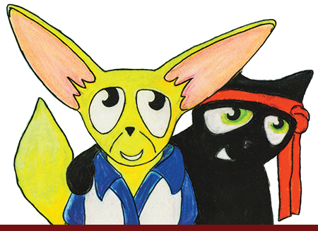 Hector, a black cat with a red bandana, and his friend, Fenny, a yellow fox with large ears
