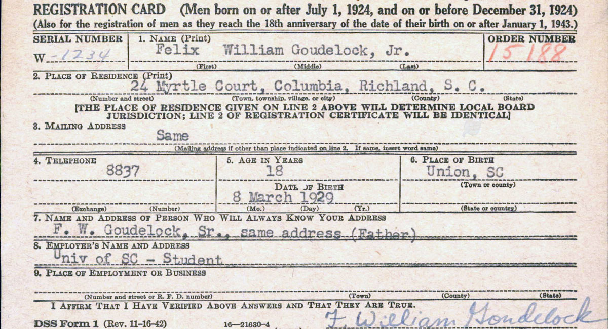 draft registration card for Felix William Goudelock Jr. 