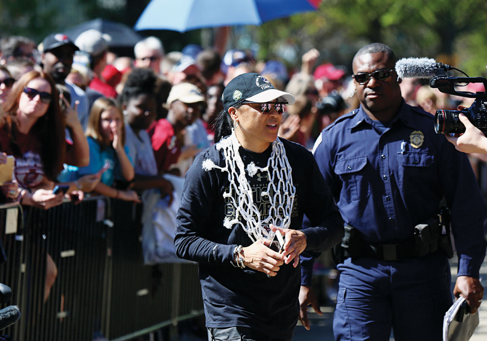 Womens Basketball Coach Dawn Staley celebrates her second national championship in a parade on Main Street.