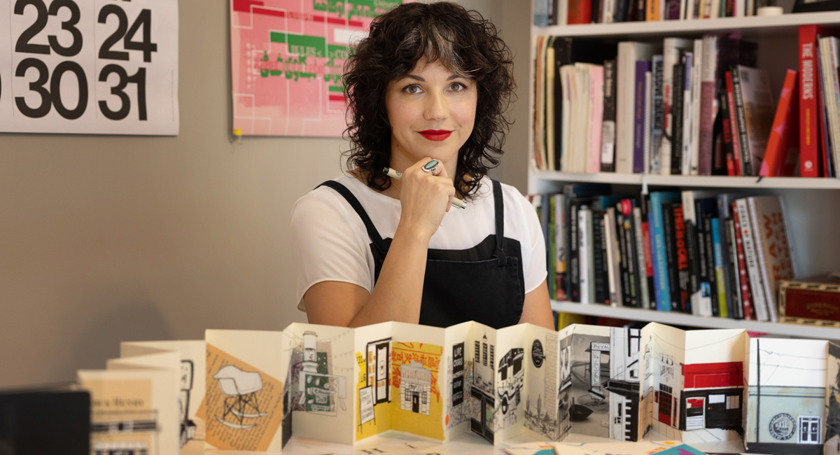 Meena Khalili sits among her artwork in her office