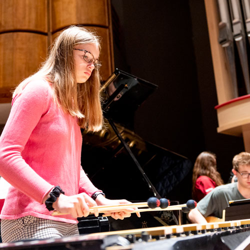Girl in pink sweater plays the xylophone